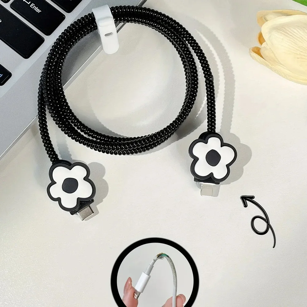 Black White Flowers iPhone Charger Cover Cable Protector P60